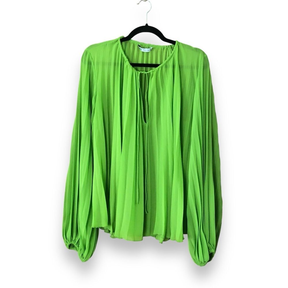 Zara Green Pleated Balloon Sleeve Sheer Blouse Size Large Dopamine Dressing Boho